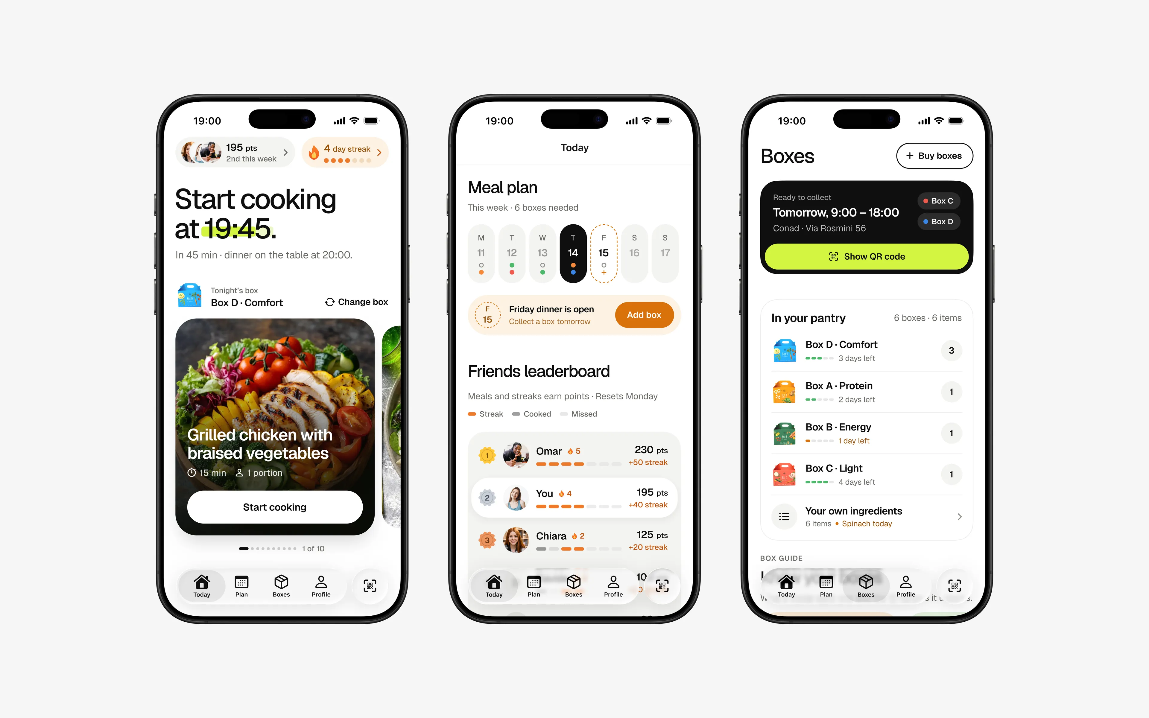 Three JustCook app screens side by side: tonight’s recipe on Home, the weekly meal plan with the friends leaderboard, and the Boxes pantry.