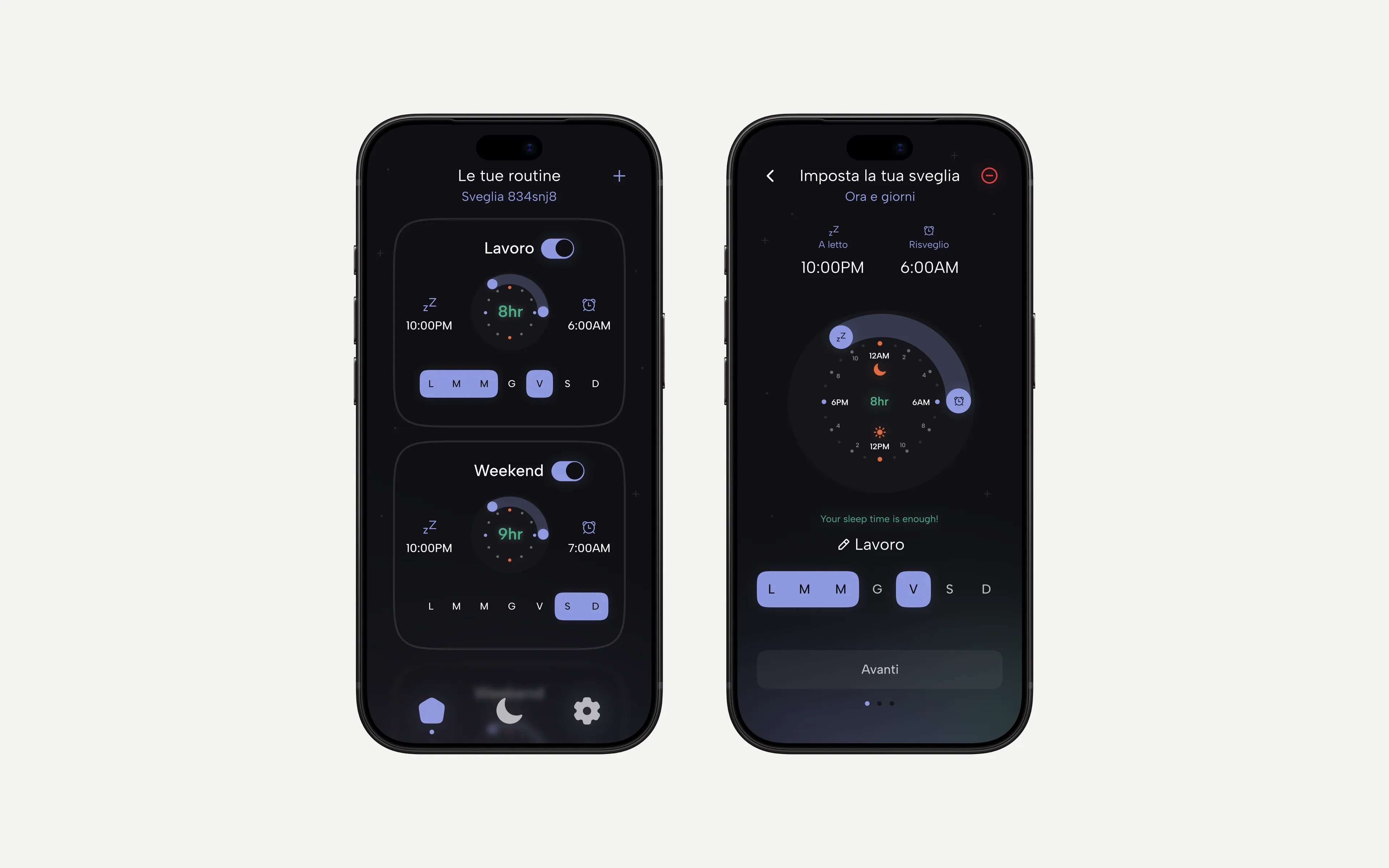 Two AuraWake screens side by side: the routines overview and the alarm set-up dial.